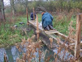 volunteers constructing bridge